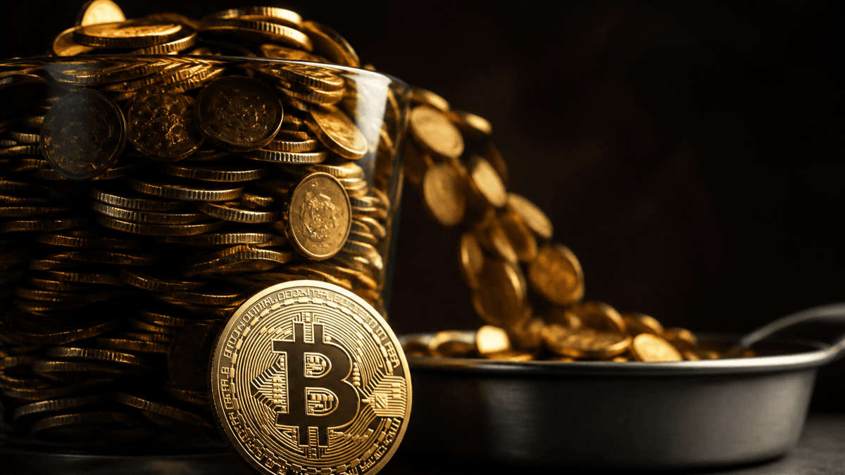 Tarro de cristal lleno hasta el borde de monedas que se desbordan hacia un cuenco metálico situado más abajo, con una moneda acuñada con el símbolo de Bitcoin delante