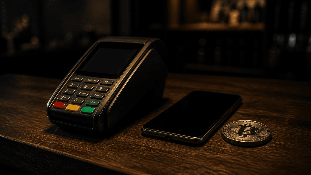 Dark shop counter with a plain card reader showing an empty display and a smartphone, next to it a metal coin embossed with the Bitcoin symbol