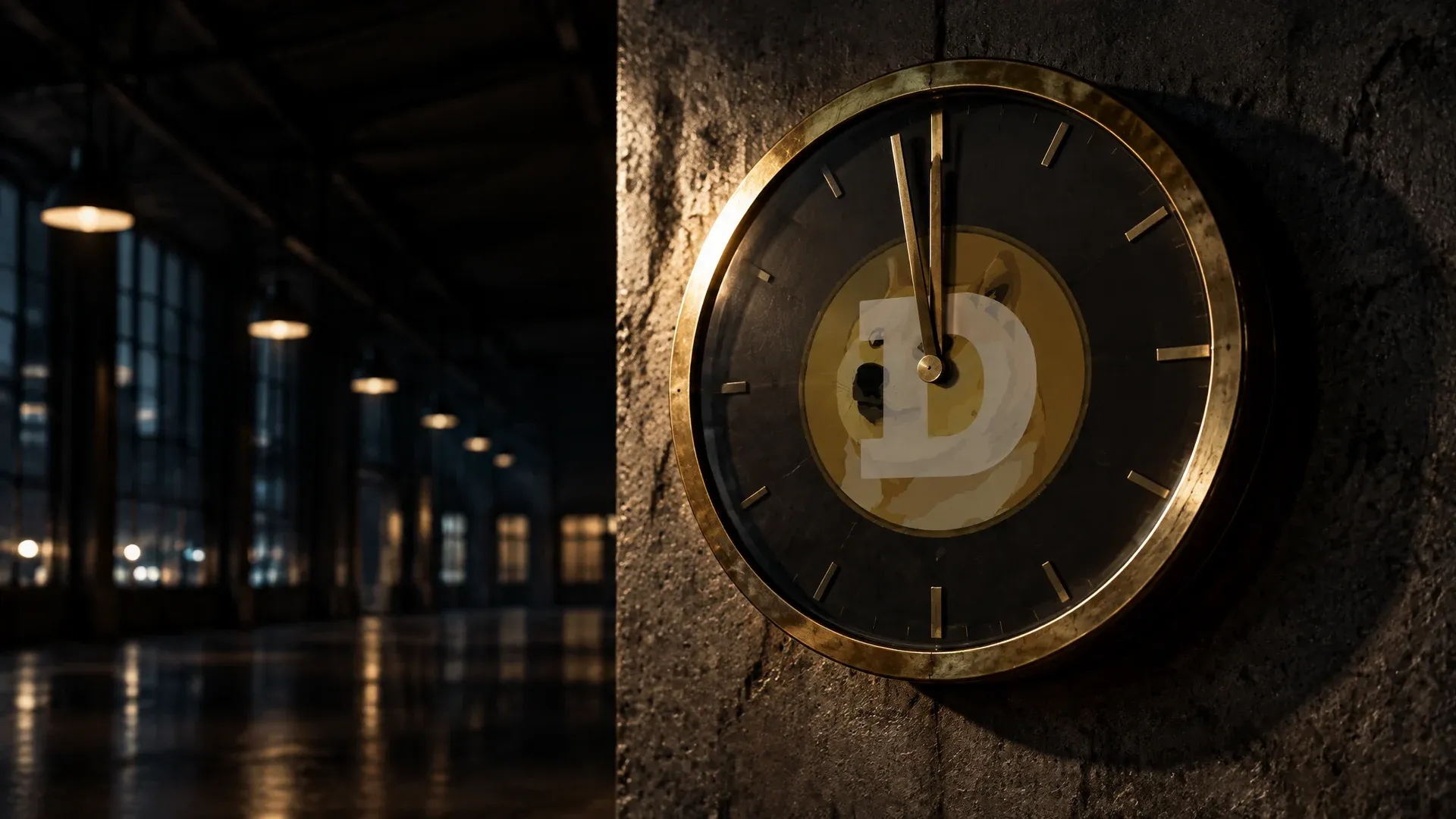 Große Bahnhofsuhr ohne Ziffern an einer rauen Betonwand in einer leeren nächtlichen Halle, die Zeiger kurz hinter der Zwölf, im Zifferblatt das Dogecoin-Zeichen