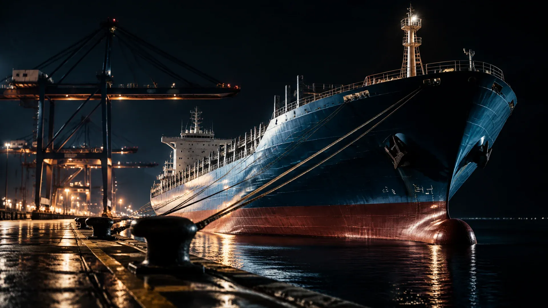 Leerer Containerfrachter liegt hoch im Wasser an einer nächtlichen Kaimauer, die Portalkräne stehen still