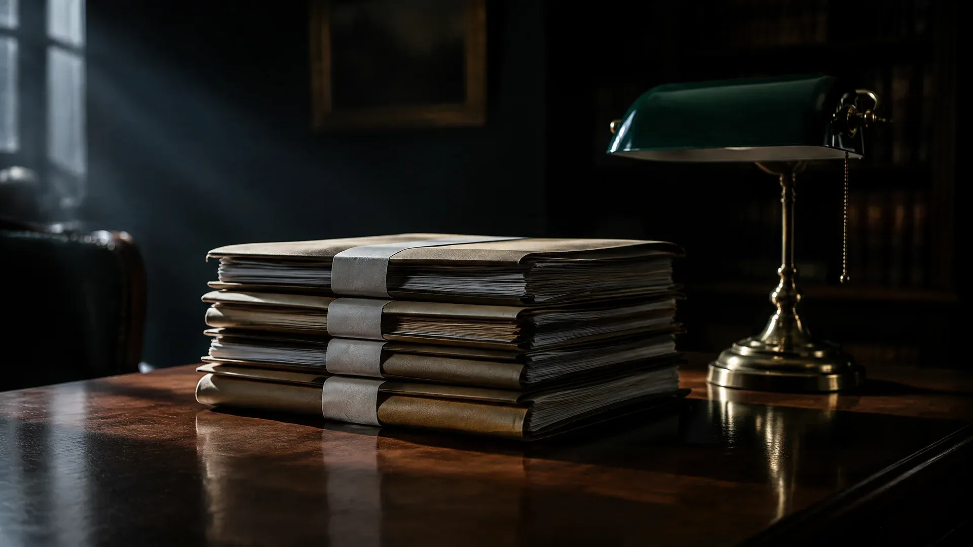 Stack of closed liquidation files tied with a paper band on a cleared desk beside a switched-off banker's lamp