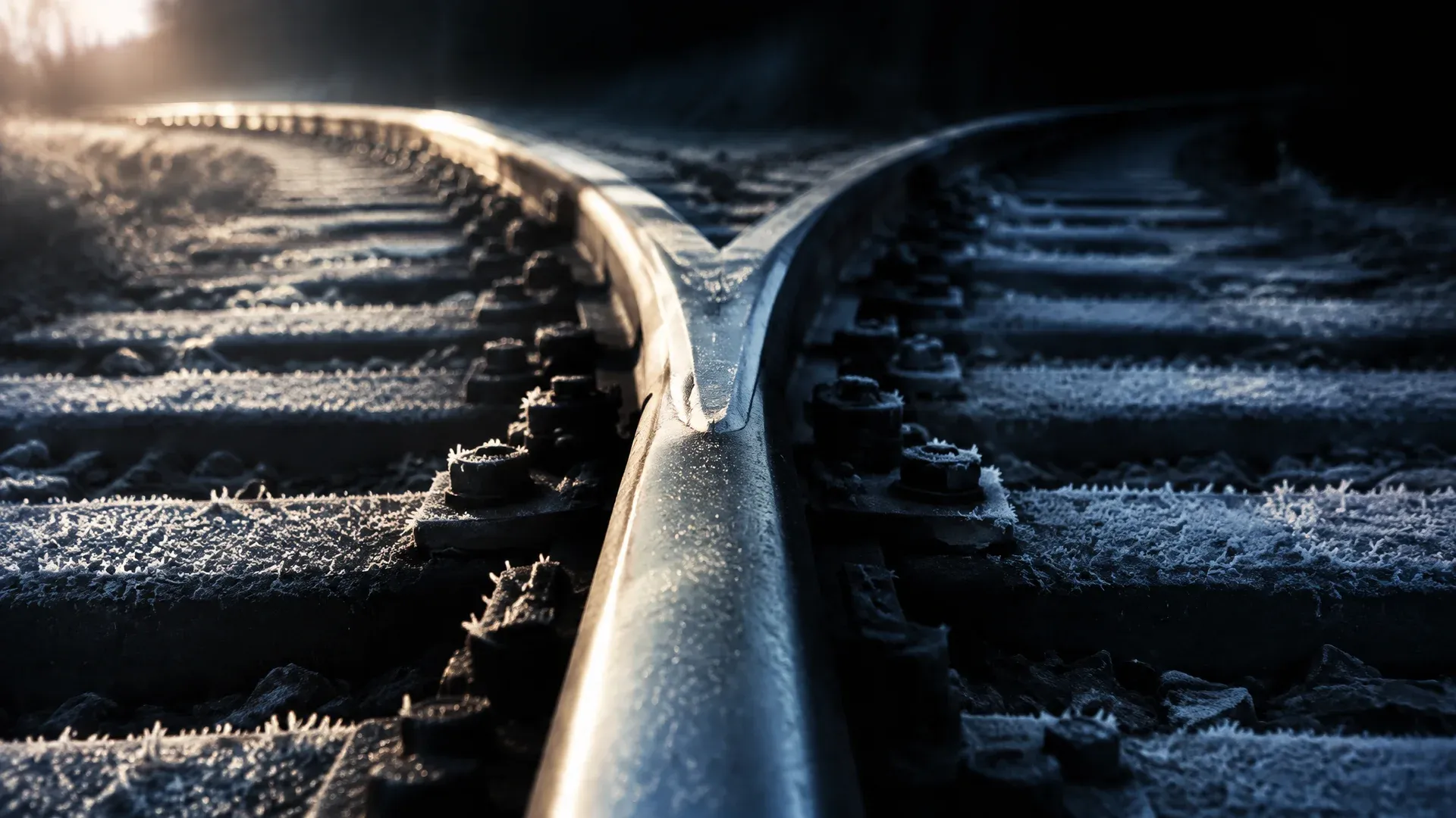 Switch blade at a railway junction in cold morning light, the bare steel rail dividing in two directions
