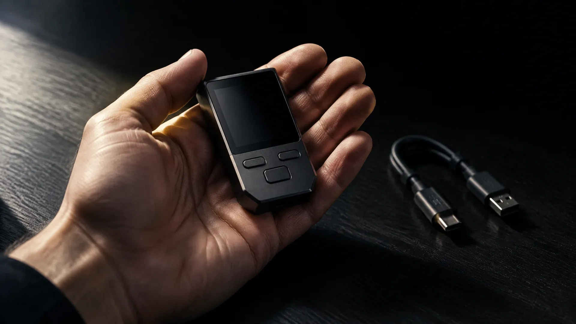 Markenlose Hardware-Wallet mit dunklem Display in einer geoeffneten Handflaeche ueber einem dunklen Schreibtisch, daneben ein kurzes USB-Kabel