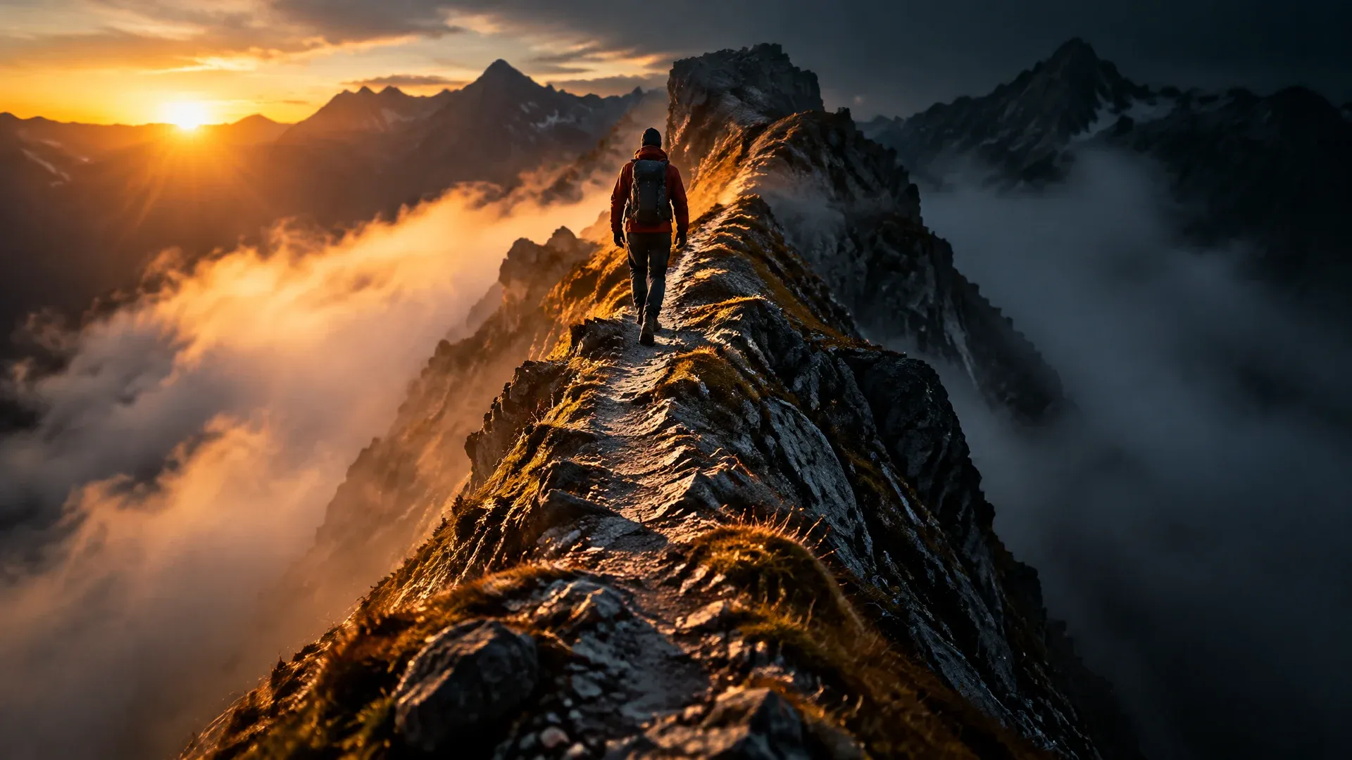 Ein schmaler Felsgrat im Morgenlicht, ein einzelner Trittpfad über die Schneide, die Flanken fallen beidseitig in Nebel ab