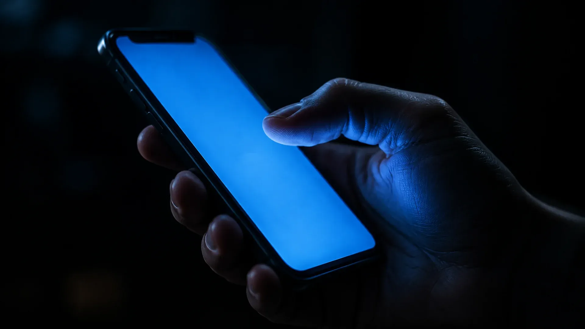 A hand in a darkened room holds an unbranded smartphone whose display glows as a blue field of light, the thumb hovering above the glass