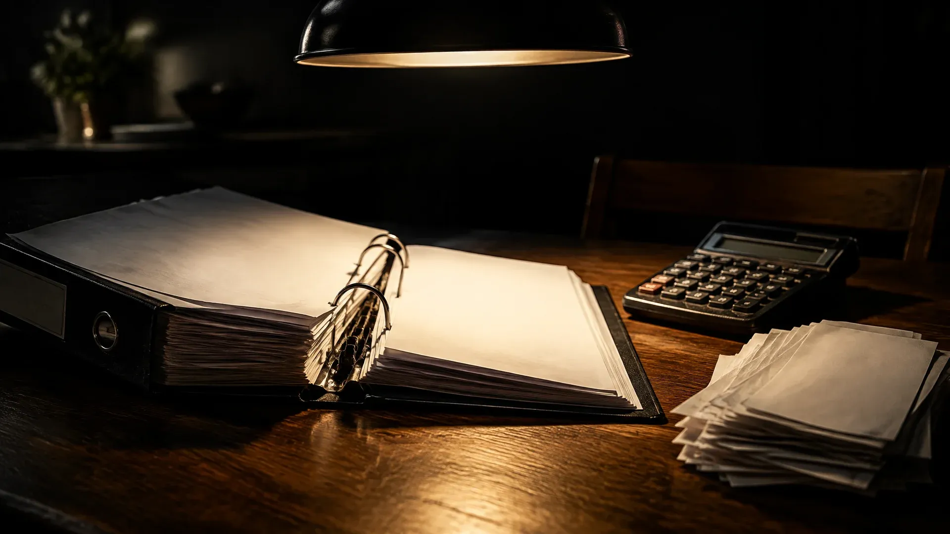 Aufgeschlagener Steuerordner mit leeren Seiten auf einem Küchentisch unter einer Lampe, daneben Tischrechner und lose Belege