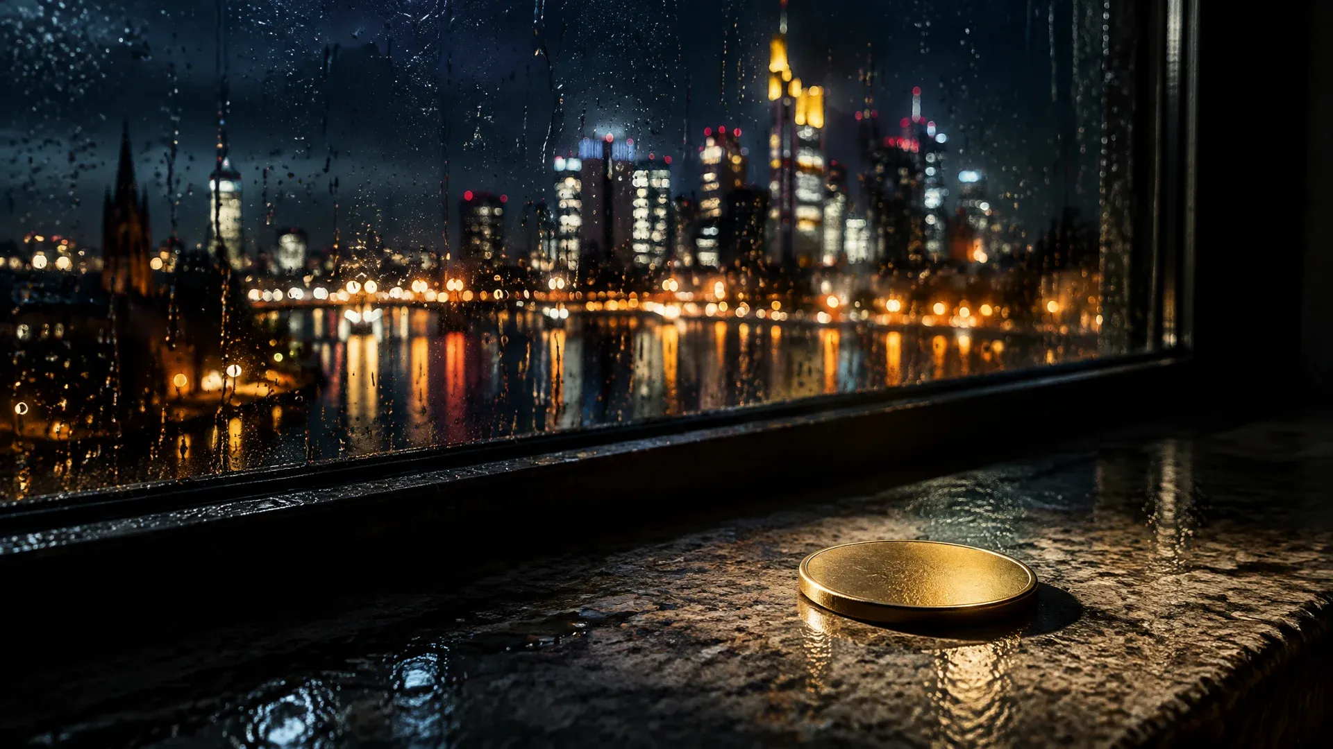 Night-time city skyline behind a rain-soaked window pane, a single smooth unstamped brass coin lying in the light on the stone sill