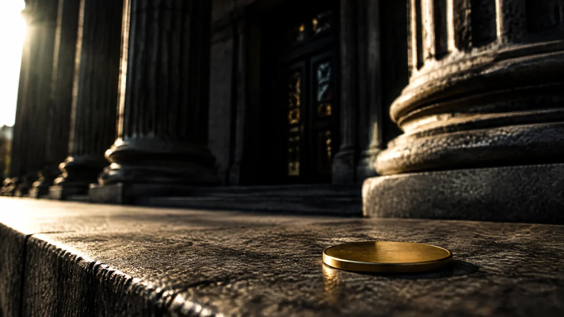 Austere stone columned portal of a government building backlit, a smooth unstamped brass coin lying flat on the topmost stone step