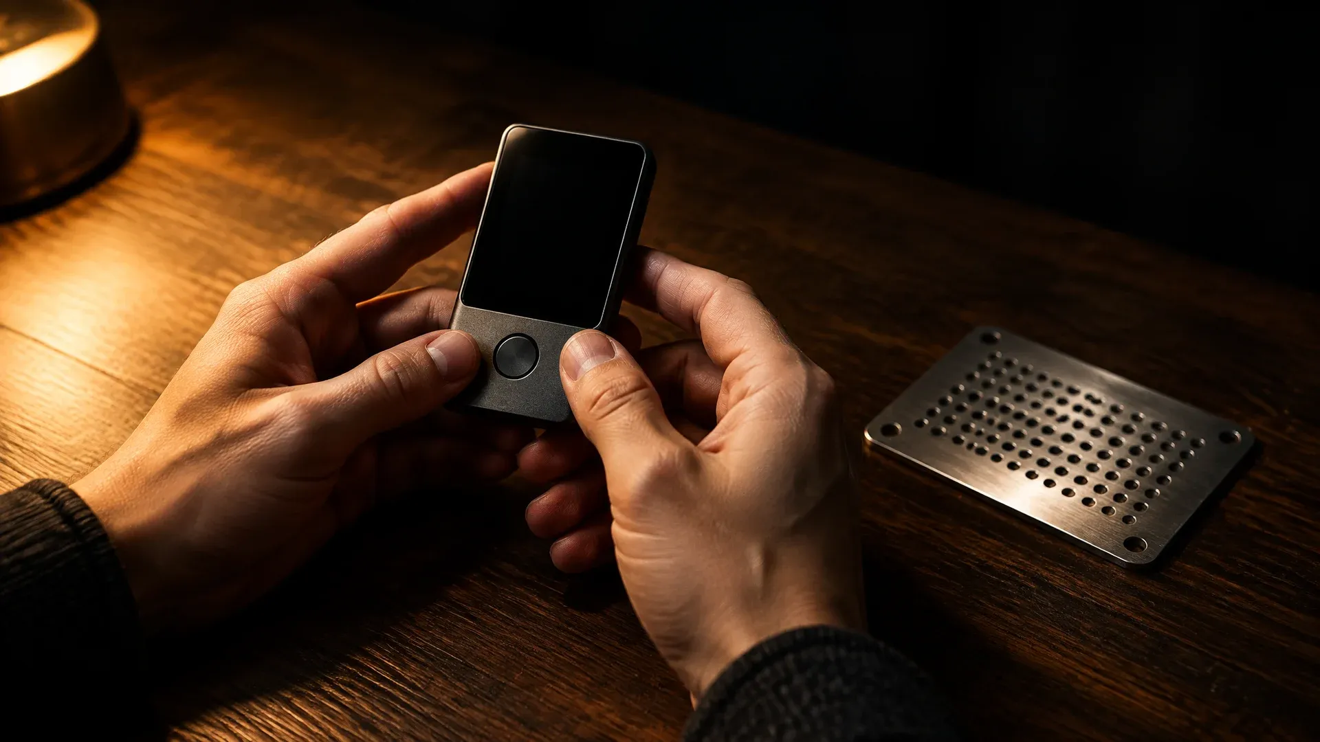 Zwei Hände halten eine markenlose Hardware-Wallet mit dunklem Display über einem Holztisch