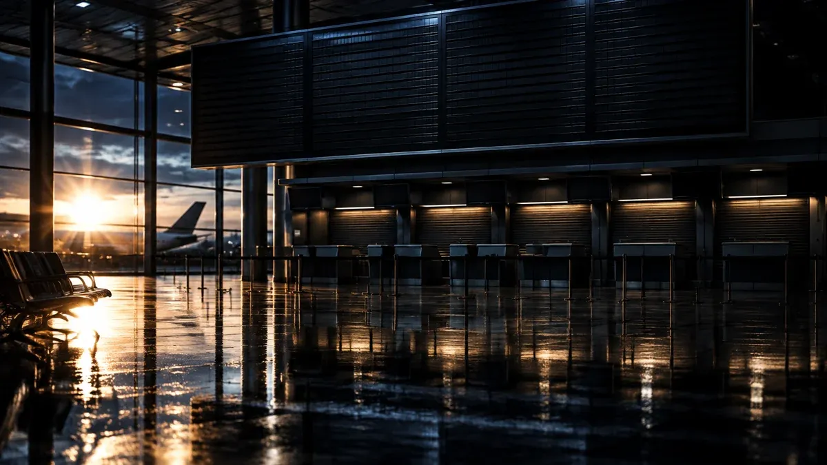 Deserted departure hall at night with a large, entirely empty display board above closed check-in desks, the floor wet and reflective
