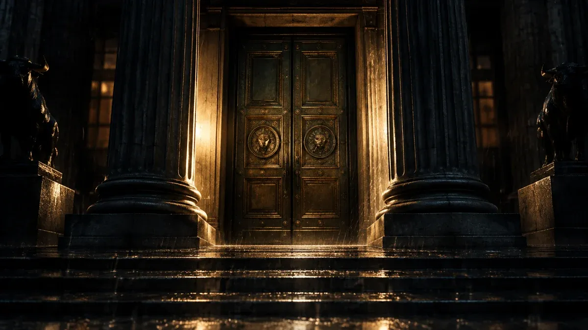 Classical columned portico with a heavy closed bronze double door at night in the rain, flanked by two dark bull figures on plinths