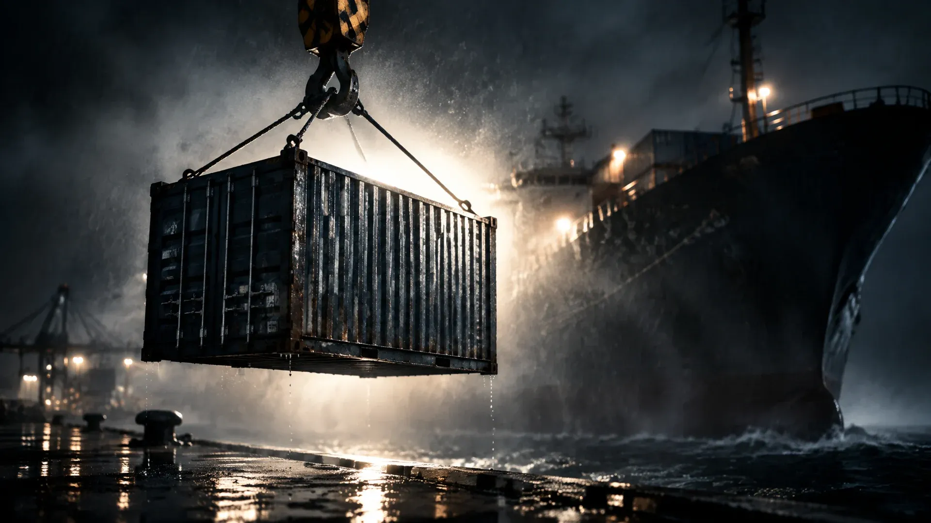 Schwerer Stahlcontainer am Kranhaken über einem nassen dunklen Hafenkai, dahinter die Bordwand eines Frachtschiffs im Gegenlicht