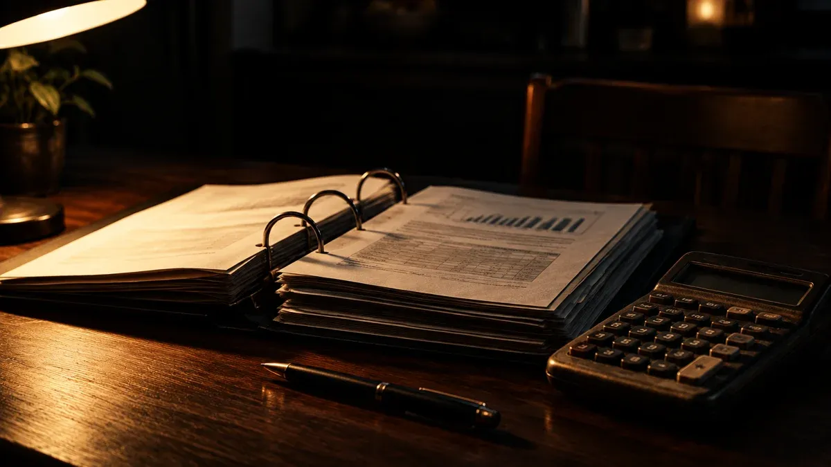 Open file binder with papers, a desk calculator and a pen on a dark kitchen table in evening light