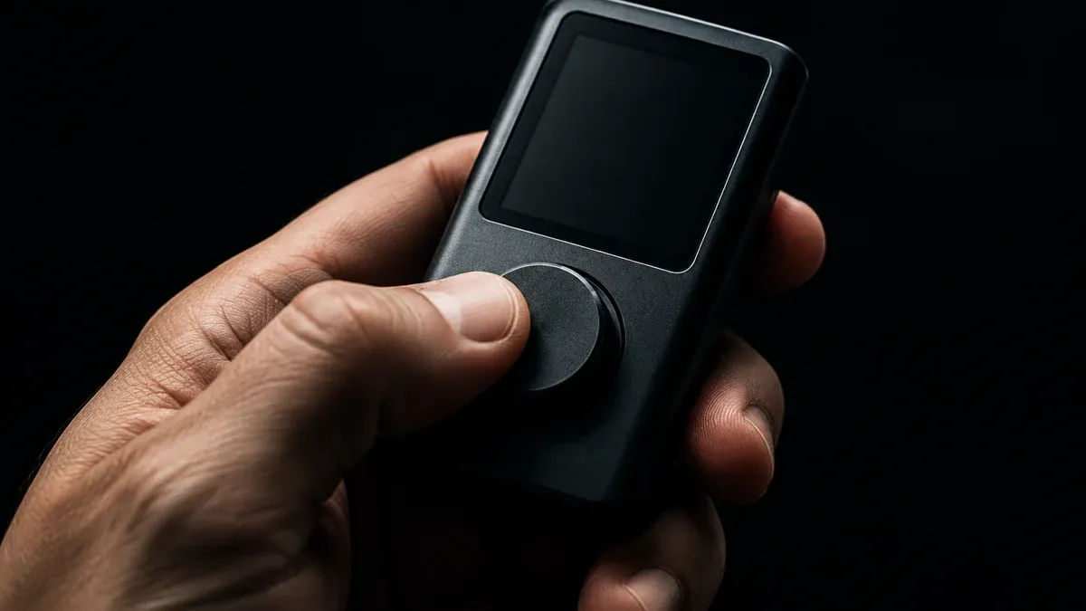 A hand holds a small dark hardware device with a button and an unlabelled display, macro shot