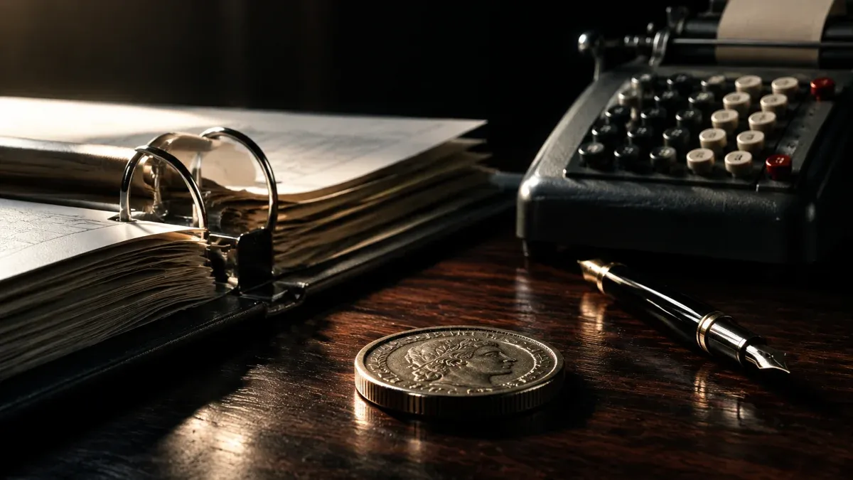 Desk scene with an open file binder, a mechanical desk calculator, a fountain pen and a metal coin on dark wood
