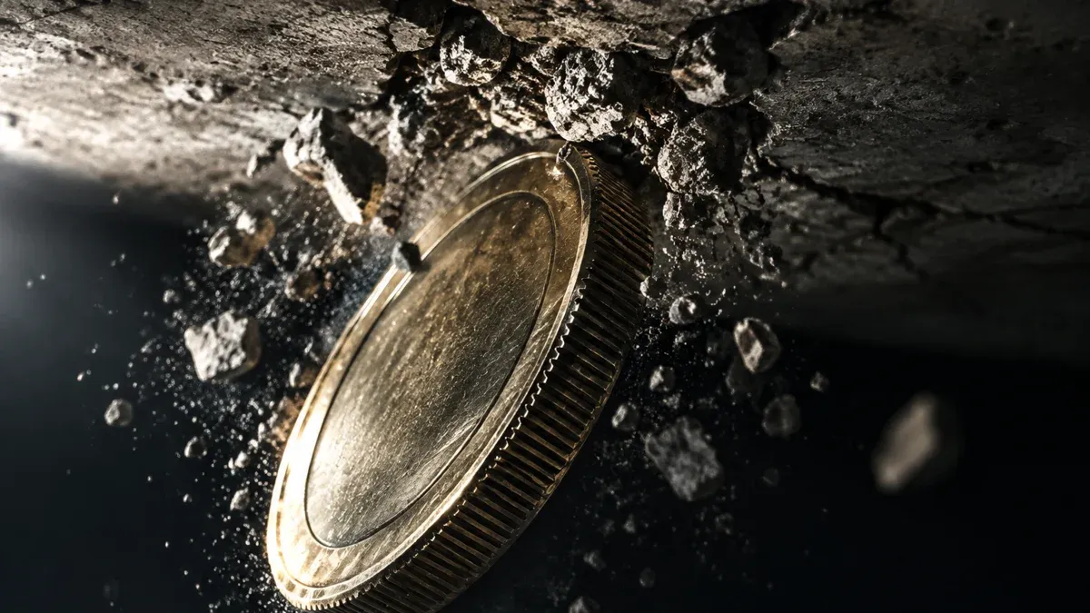 Metal coin striking a cracked concrete ceiling from below, splinters and dust coming loose