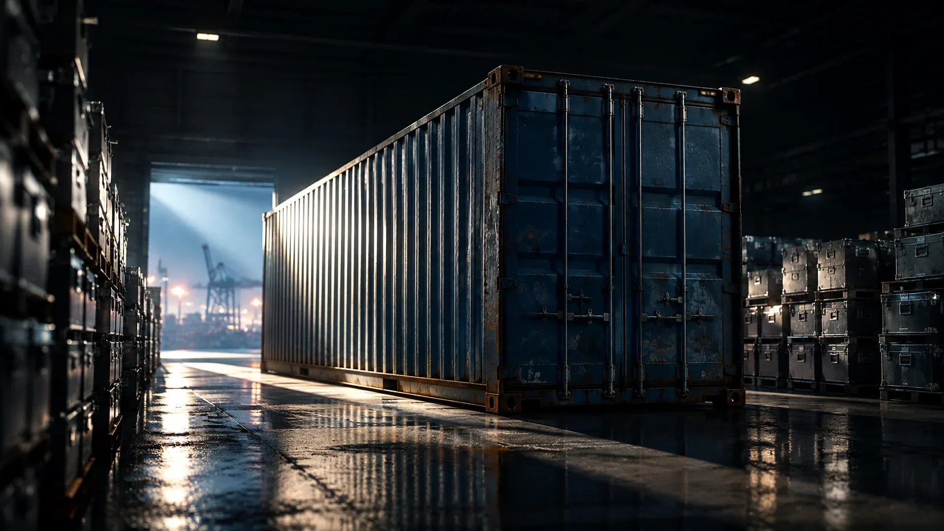Ein einzelner ueberdimensionierter Frachtcontainer zwischen Reihen kleiner Metallkisten in einem naechtlichen Hafenlager