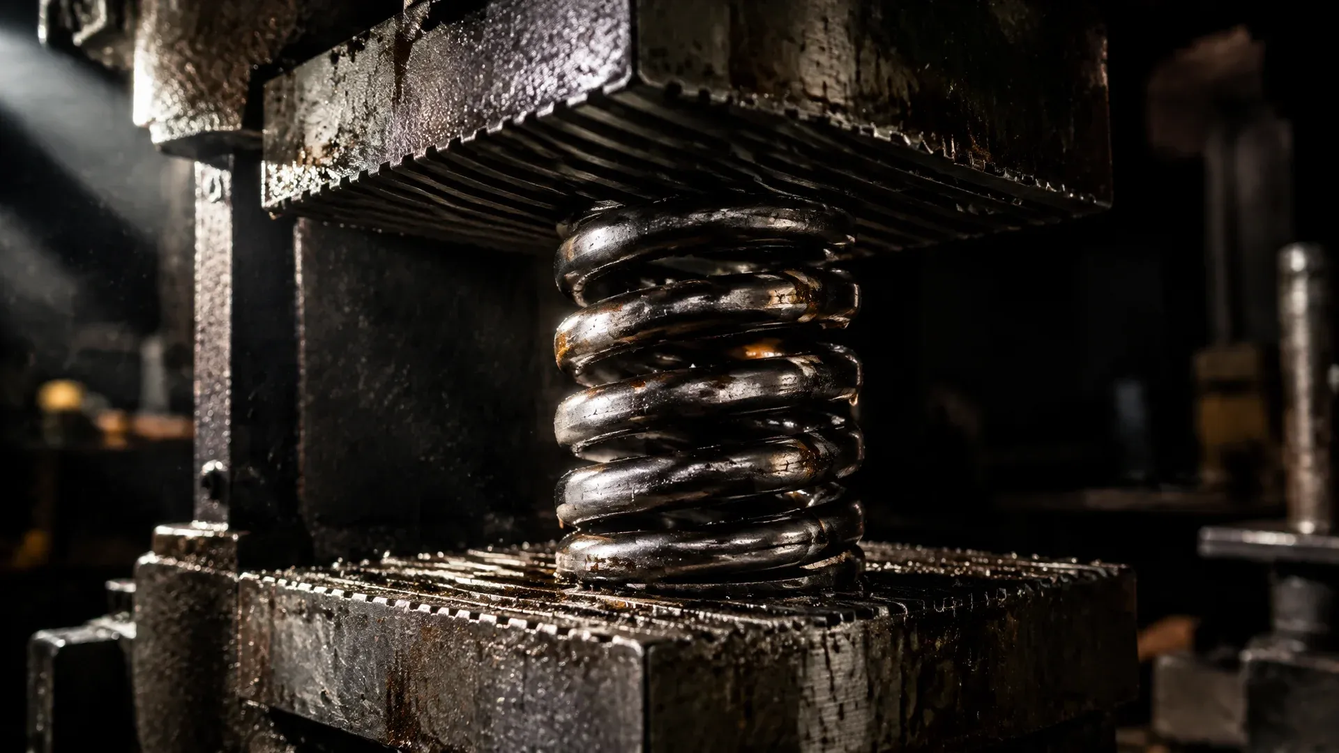 Schwere Stahlfeder unter Spannung zwischen zwei geriffelten Metallplatten in einer Werkstattpresse