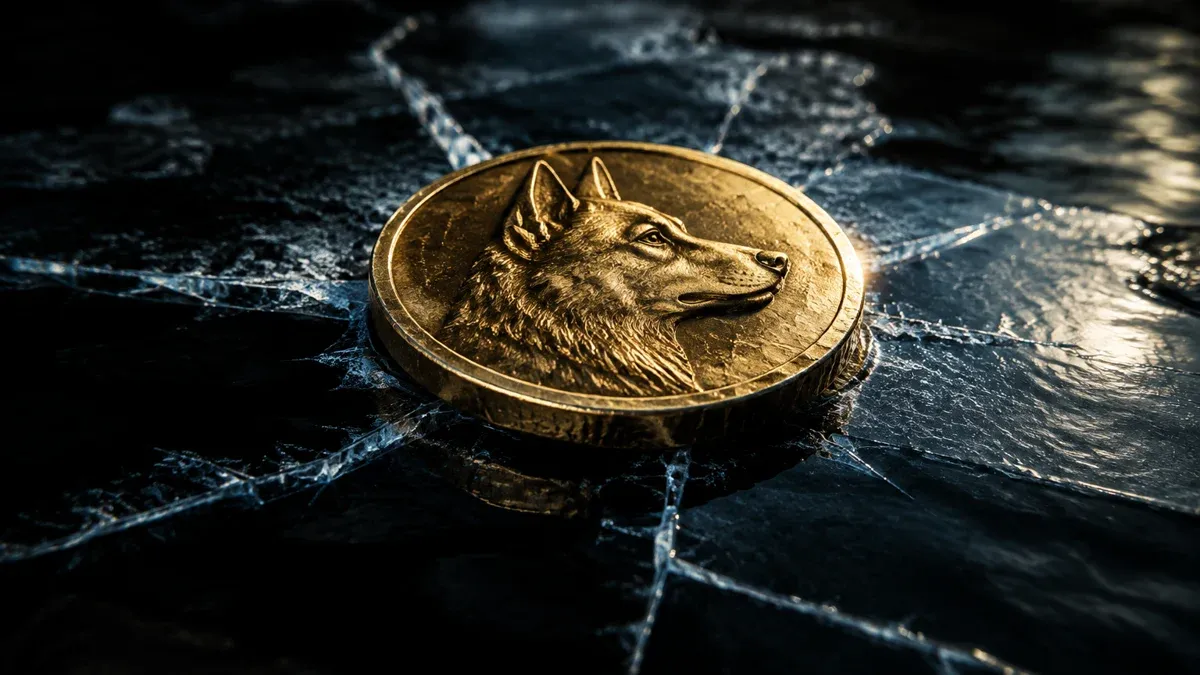 A heavy metal coin on thin, cracked ice above pitch-black water