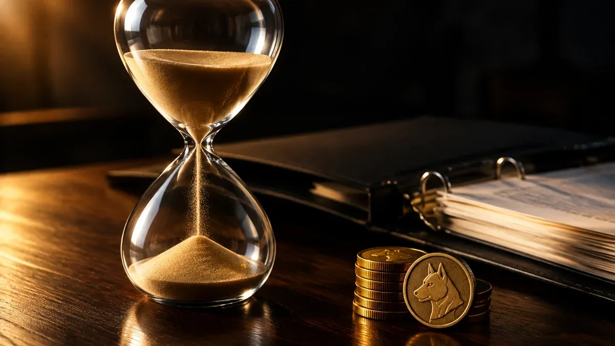 A glass hourglass beside a document folder and a stack of metal coins on dark wood