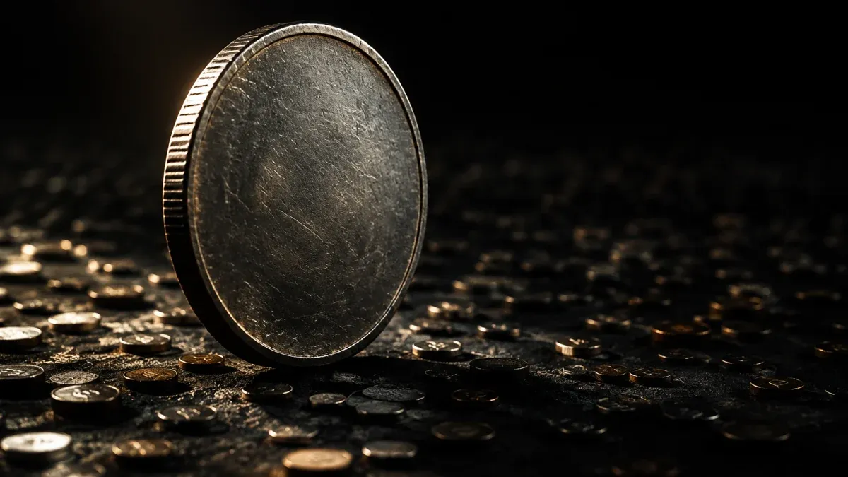 A large upright metal coin towers over a field of tiny coin discs in the dark