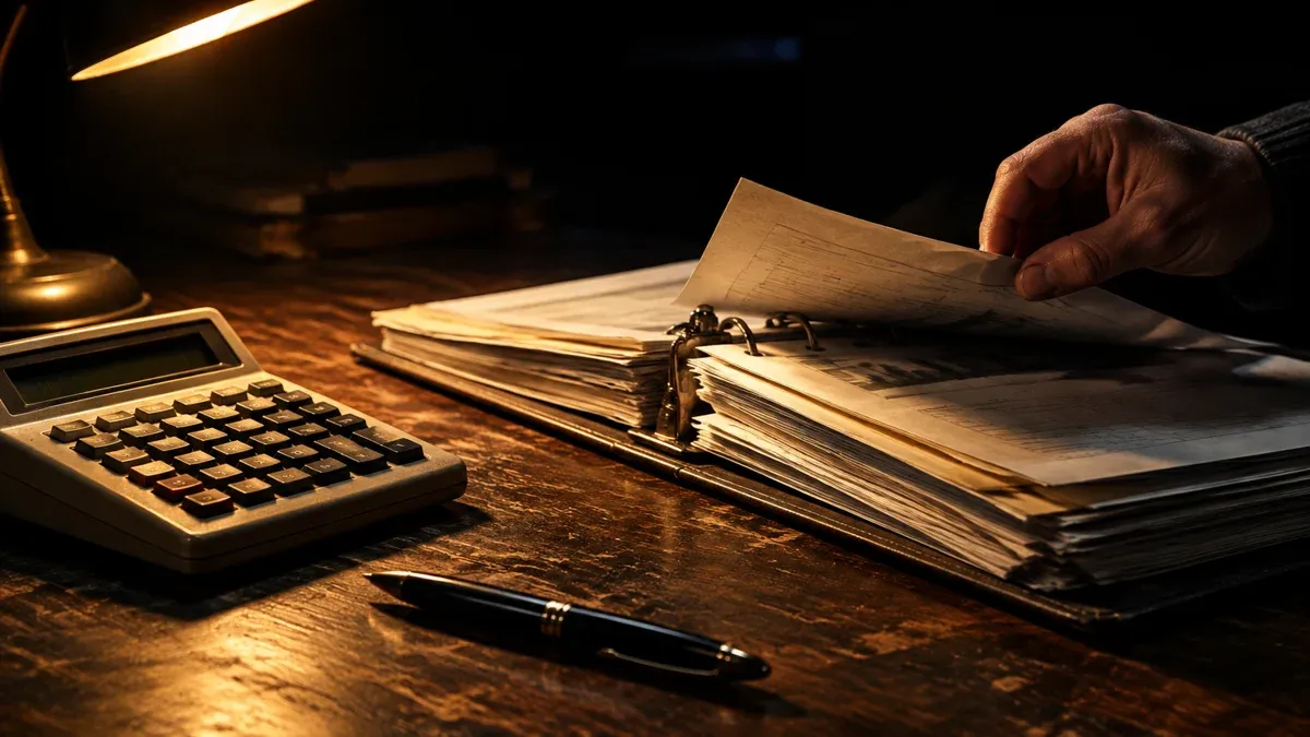 Open ring binder with receipts, a desk calculator and a ballpoint pen on a wooden table in evening light
