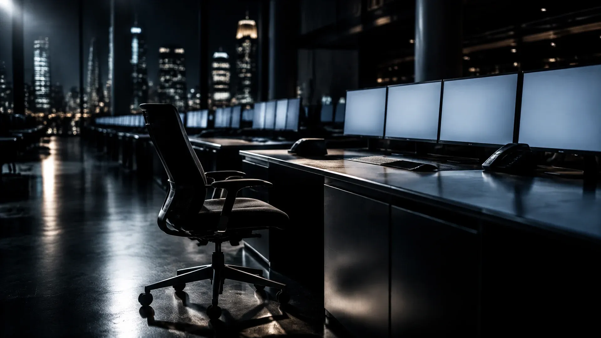 Nächtlicher Handelssaal in einem Hochhaus mit langen leeren Pultreihen, die Monitore zeigen nur gleichmäßige Lichtflächen, ein einzelner Drehstuhl steht schräg vor dem vordersten Pult