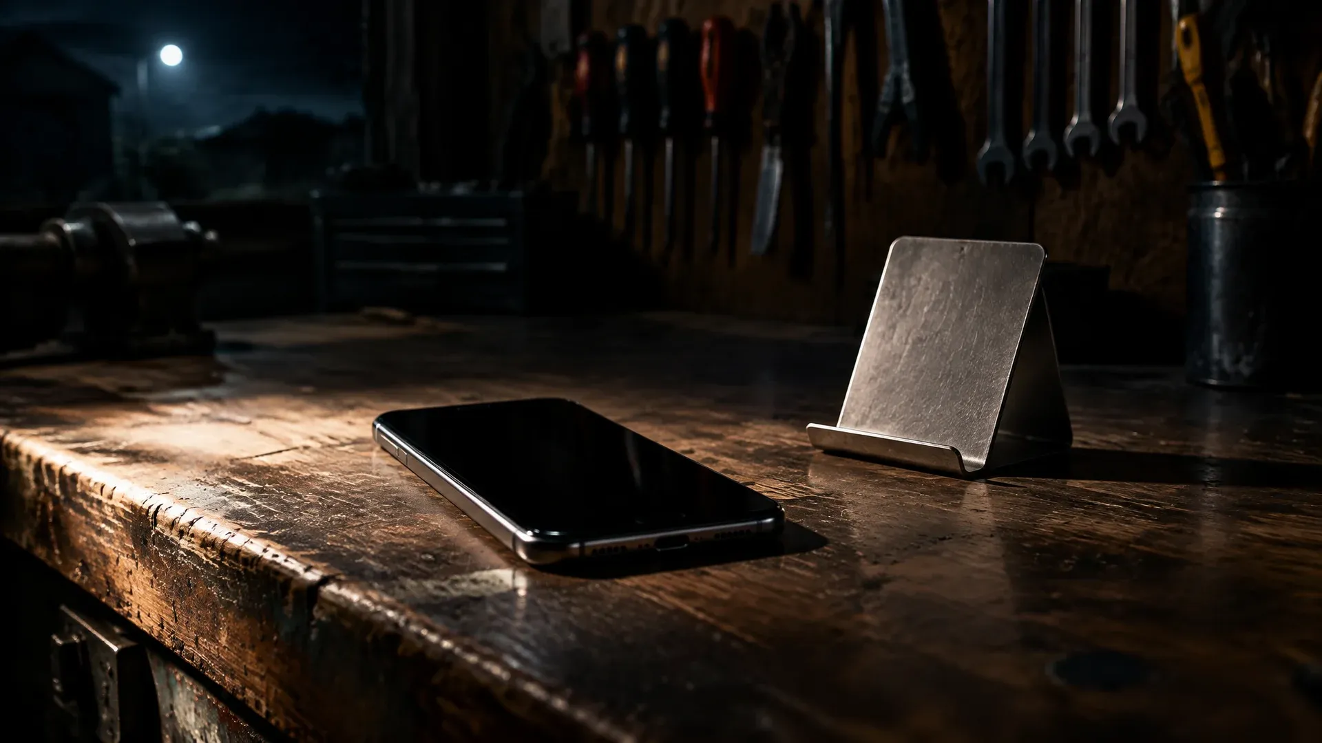 Markenloses Smartphone mit dunklem Display auf der Holztheke einer kleinen Werkstatt bei Nacht, daneben ein schlichter Metallaufsteller