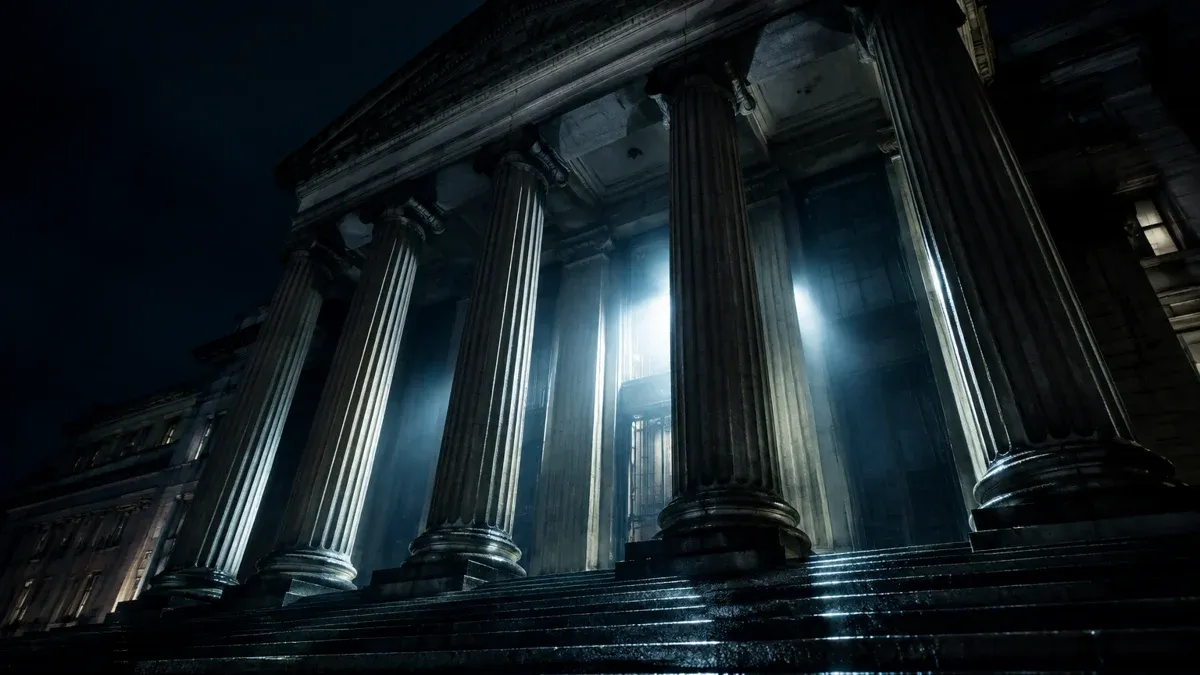 Monumentales klassizistisches Saeulenportal eines Behoerdengebaeudes bei Nacht im Gegenlicht
