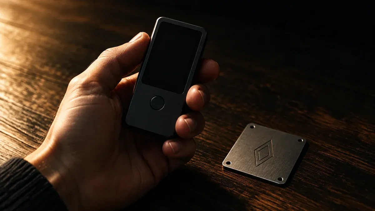 Hand haelt ein schlichtes dunkles Hardware-Wallet ueber einem Holztisch, daneben ein Metallplaettchen mit eingraviertem rautenfoermigem Symbol