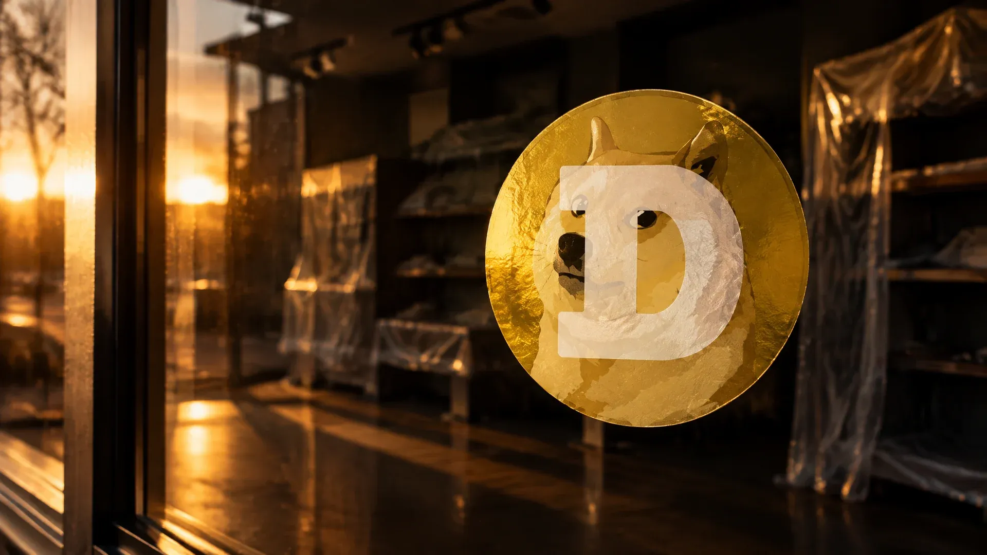 Rundes Dogecoin-Zeichen in Goldfolie auf der Schaufensterscheibe eines leergeräumten Ladens, draußen geht die Sonne unter