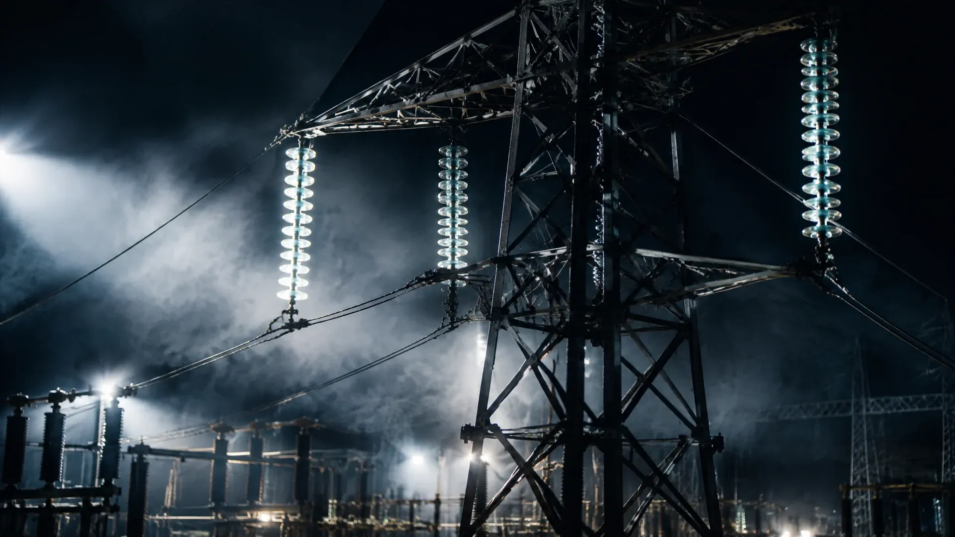 Hochspannungsmast bei Nacht über einem Umspannwerk, Isolatoren im Scheinwerferlicht
