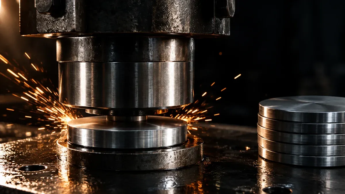 Schwere Stahl-Praegepresse presst eine runde Metallscheibe, Funken spritzen seitlich weg, daneben ein Stapel glatter Rohlinge