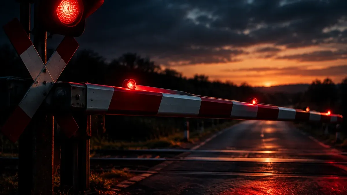 A railway barrier lowers at dusk across an empty level crossing, the warning light glowing red