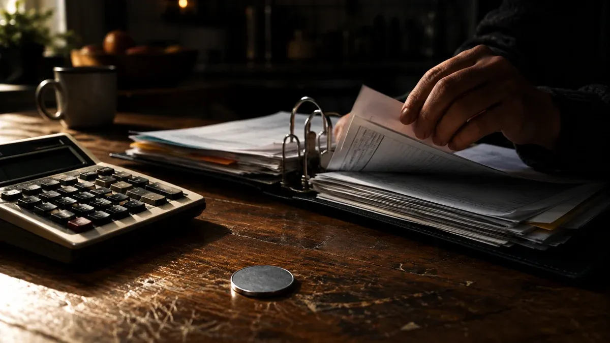 An open ring binder, an old desk calculator and a plain coin on a wooden table, a hand leafing through receipts