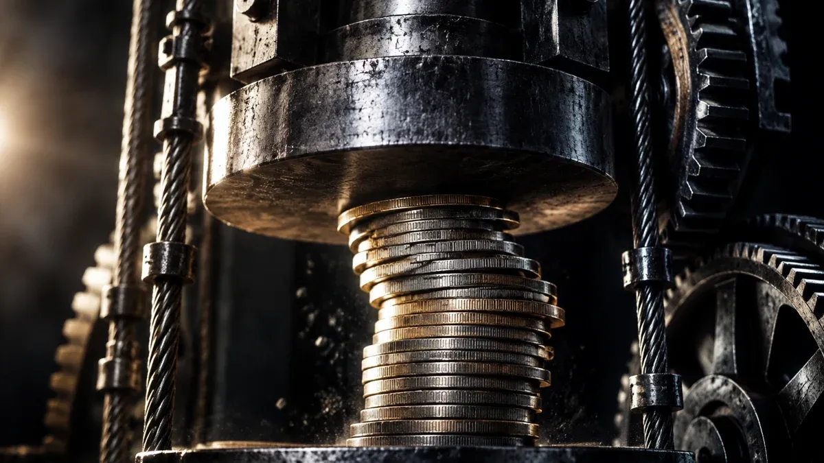 Industrielle Stahlpresse fahrt von oben auf einen Turm gestapelter Metallmuenzen herab