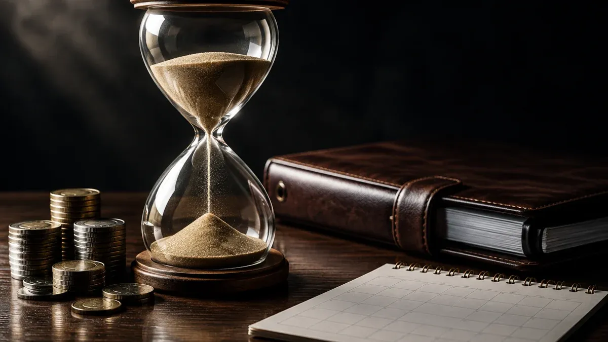 Glaeserne Sanduhr mit rieselndem Sand neben Muenzstapel, Aktenordner und unbeschriftetem Kalenderblatt