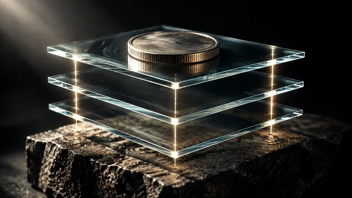 Drei schwebende Glasplatten über einer Steinplatte, oben liegt eine Metallmuenze, Lichtlinien verbinden die Ebenen