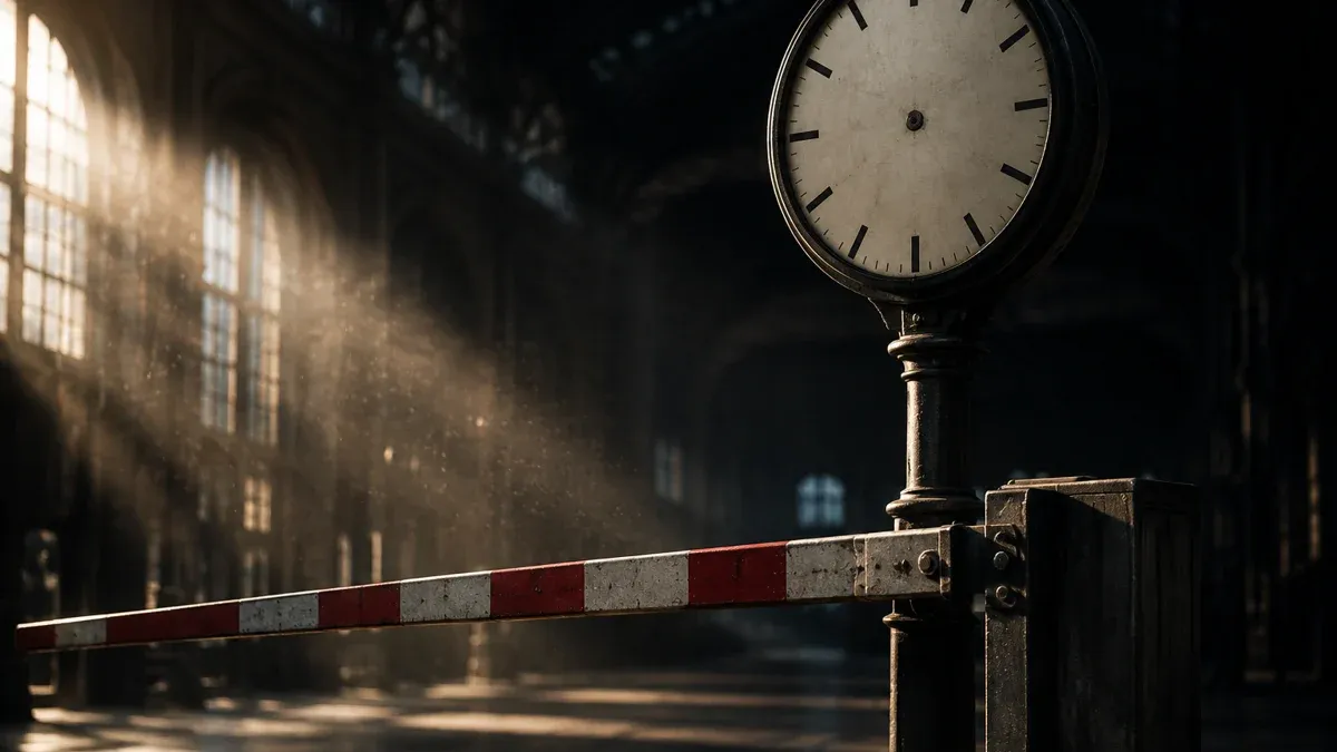 An old station clock in an empty concourse, in front of it a closing metal barrier