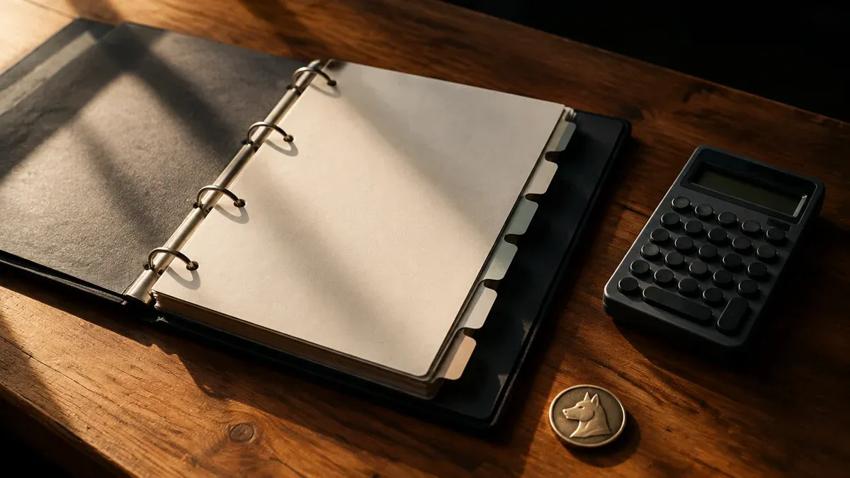 A ring binder, a pocket calculator and a coin showing a dog's head in profile on a kitchen table
