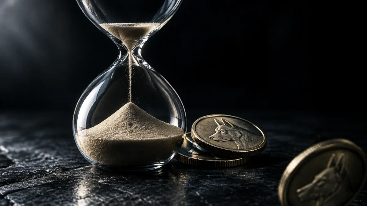Fast durchgelaufene Sanduhr aus Glas neben zwei gestapelten Metallmünzen mit Hundekopf-Relief auf dunklem Stein