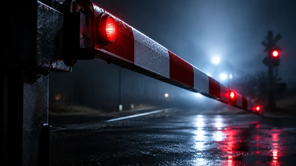 Sich senkende rot-weisse Bahnschranke auf nassem Asphalt im Gegenlicht