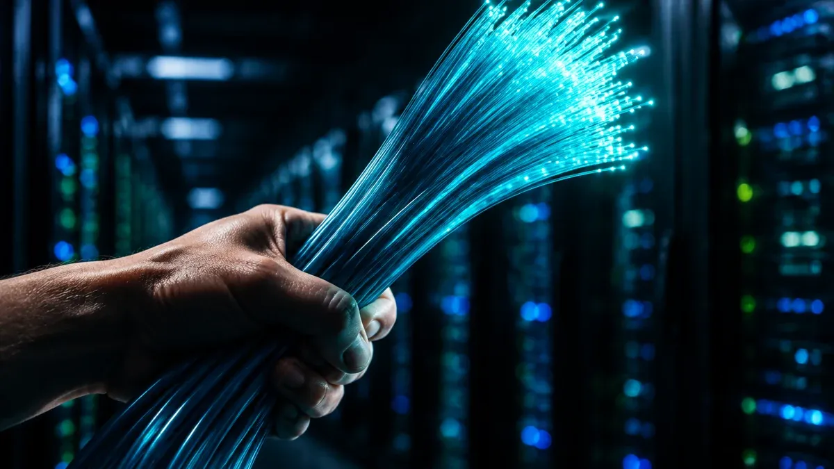 Leuchtendes Glasfaserbuendel in einer Hand vor unscharfen Serverschraenken