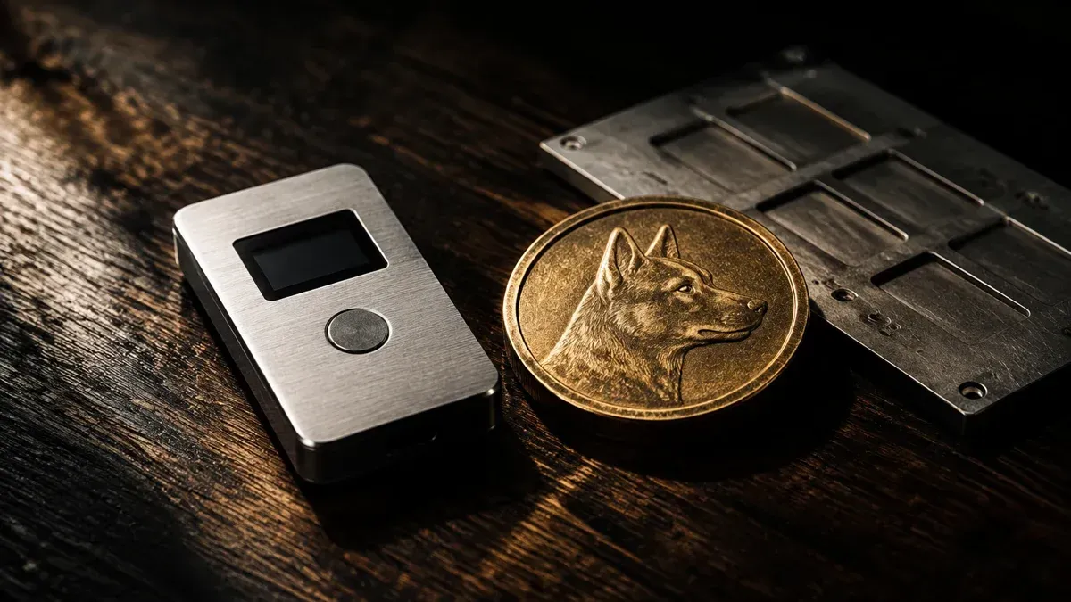 Aluminium hardware wallet next to a metal plate with empty punch fields and a coin bearing a dog profile