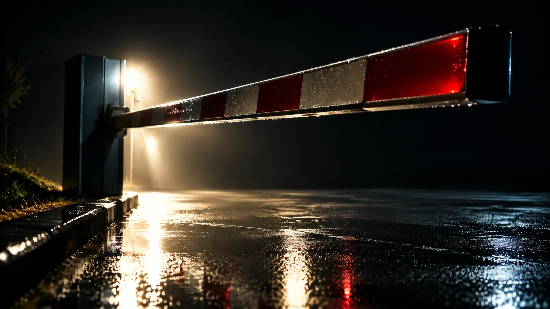 Red and white barrier lowering against the light over an empty night-time access road on wet asphalt