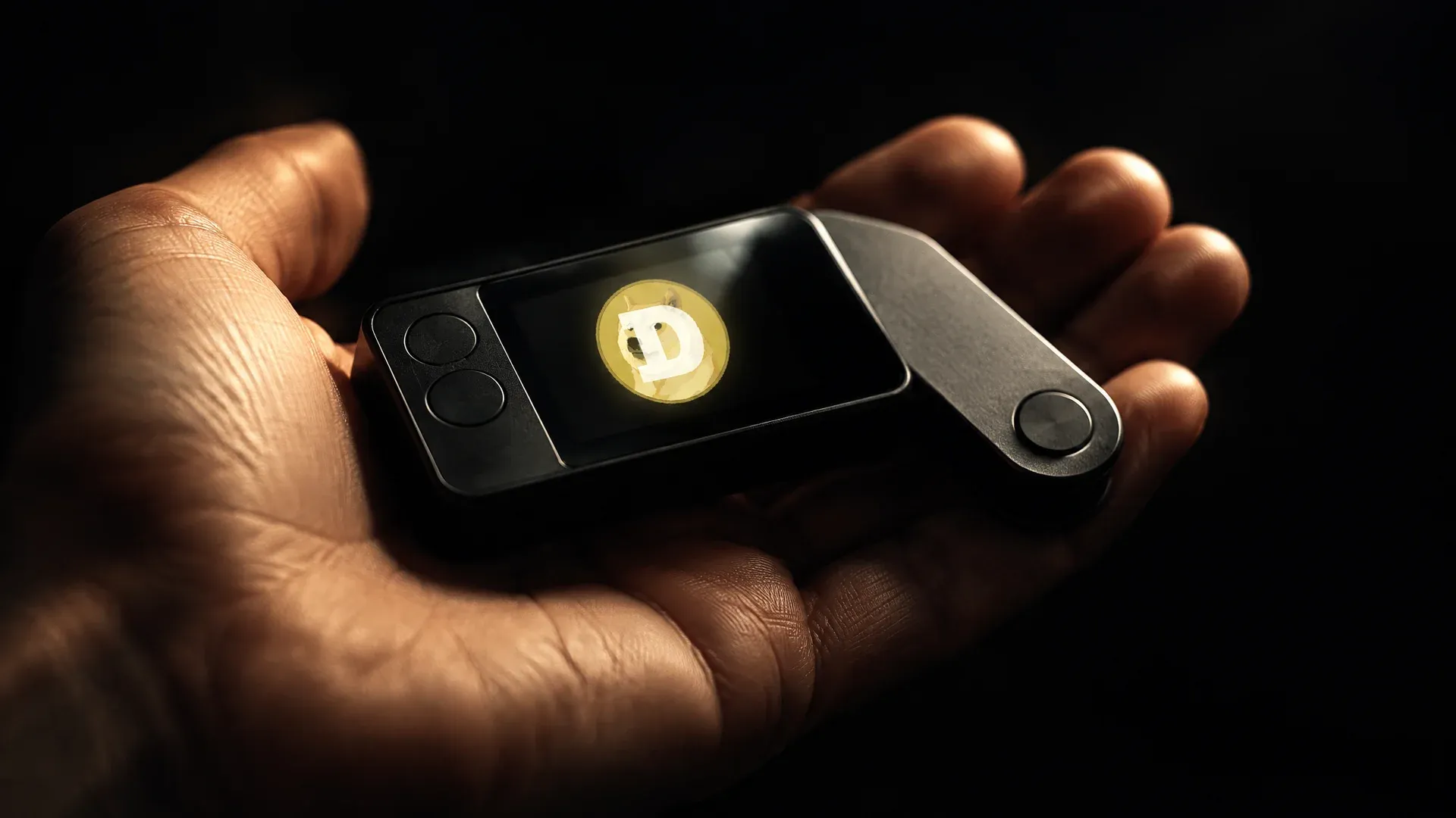 Markenlose Hardware-Wallet in einer offenen Handflaeche, auf dem dunklen Display spiegelt sich das Dogecoin-Zeichen