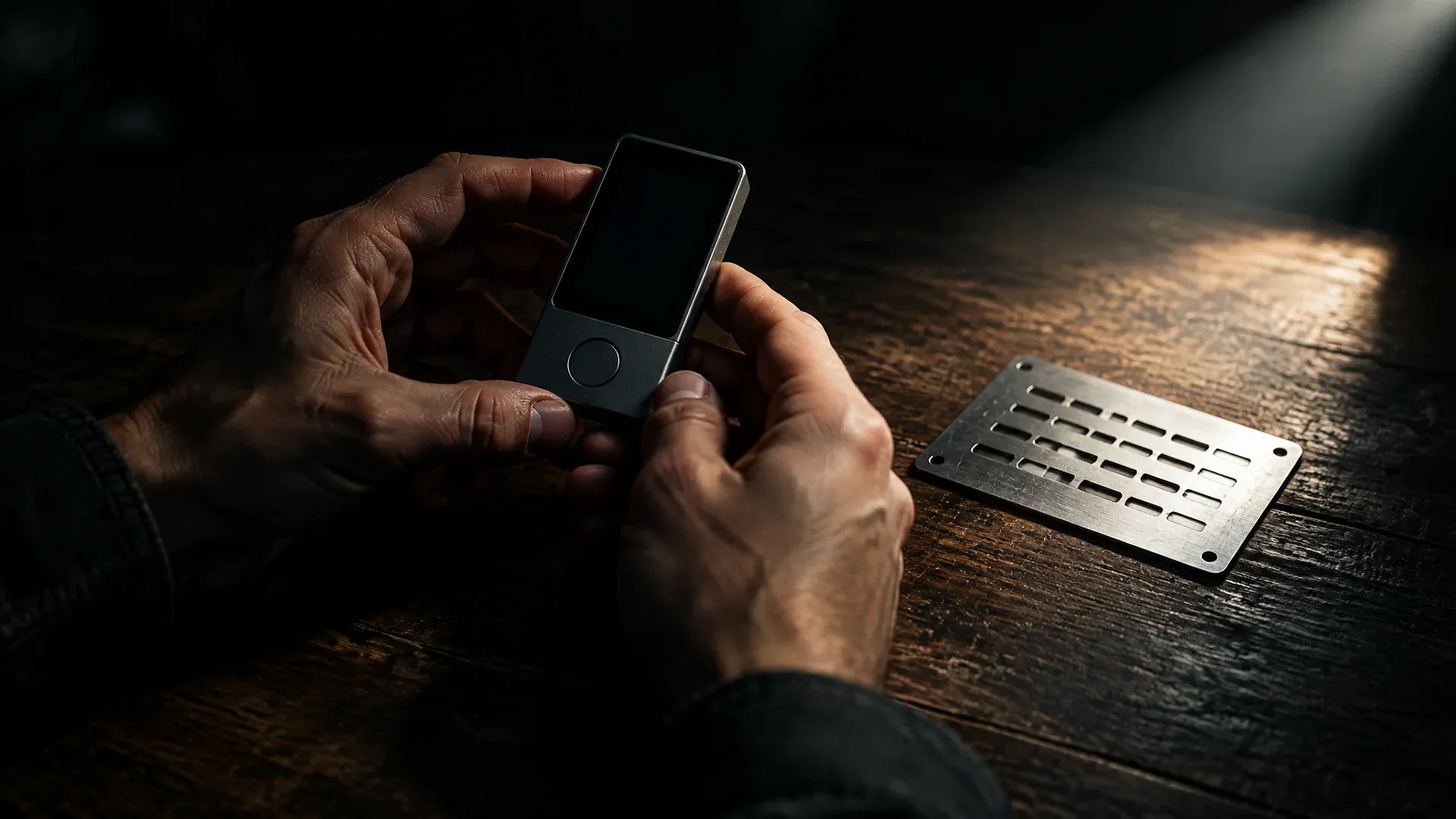 Zwei Hände halten eine markenlose Hardware-Wallet mit dunklem Display über einem Holztisch, daneben eine gestanzte Metallplatte ohne lesbare Wörter