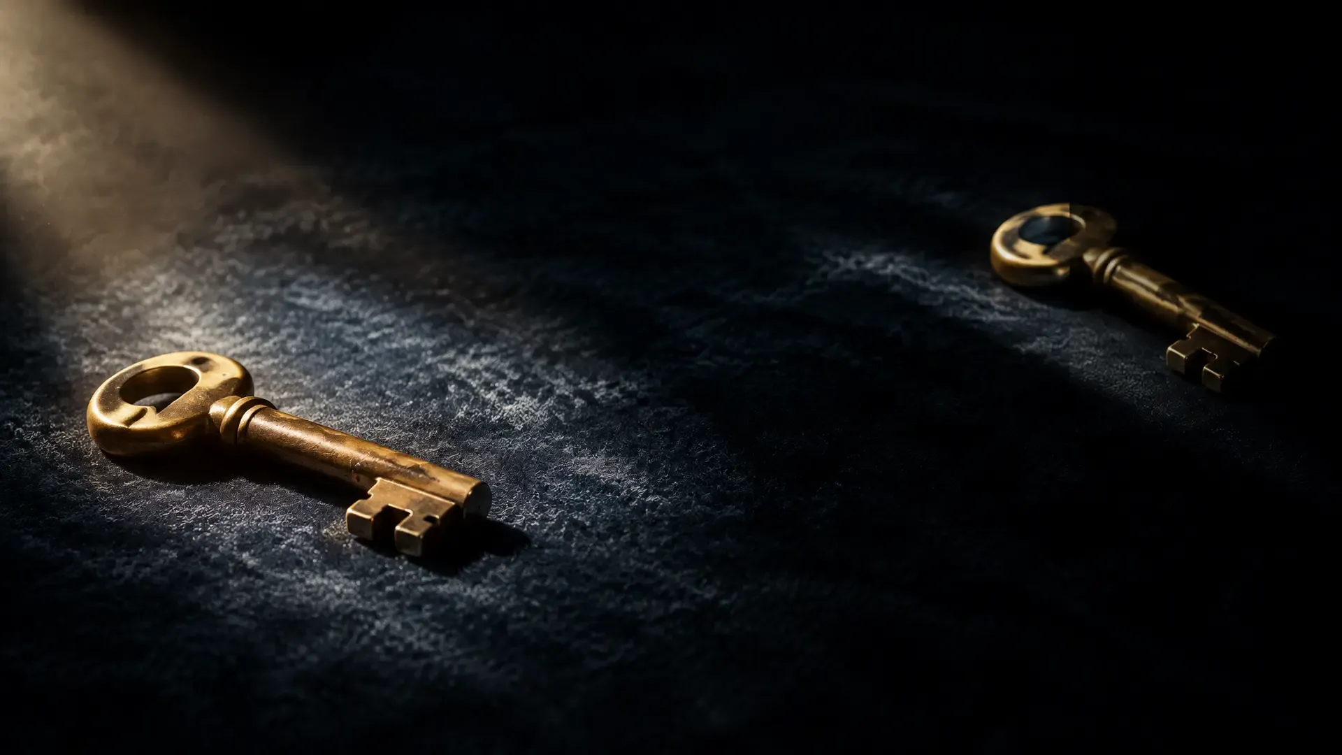 Zwei identische Messingschluessel liegen weit voneinander entfernt auf dunklem Untergrund, einer im Lichtkegel, einer halb im Schatten