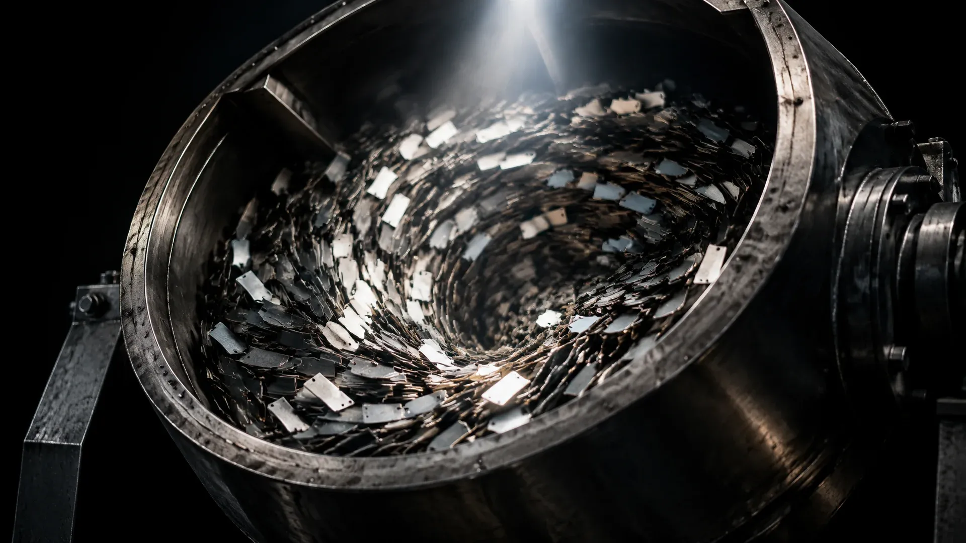 Cutaway view of an industrial steel mixing drum in which identical metal discs tumble into one another in a vortex