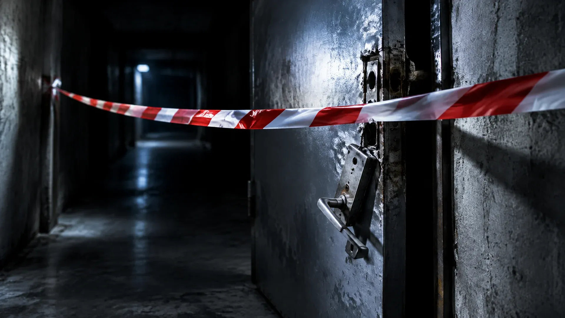 Red and white barrier tape in front of a forced steel door in an empty concrete corridor, the bent lock hanging out of it